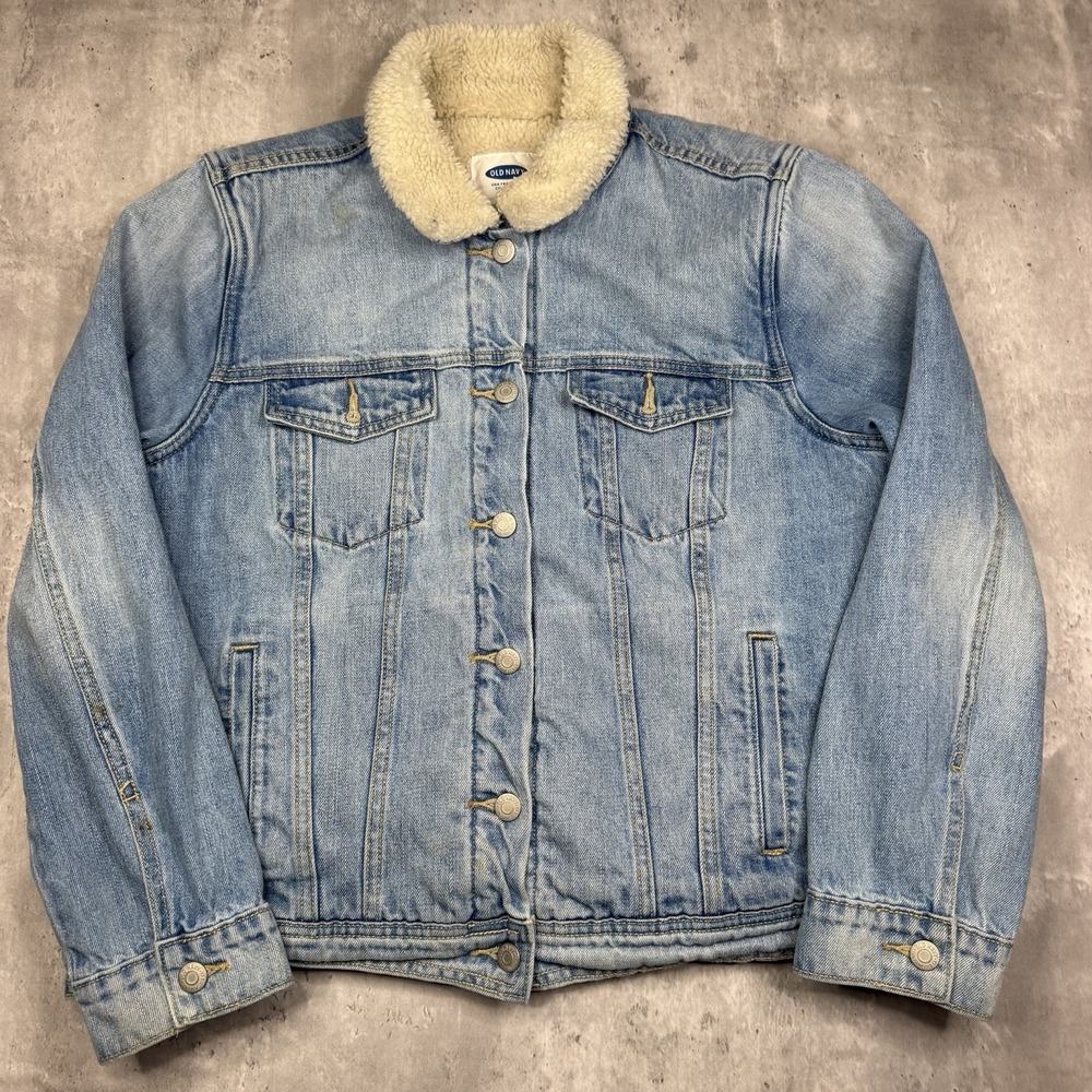 Old Navy Denim Sherpa Lined Jean Jacket Blue Womens XL Pockets Button Coat